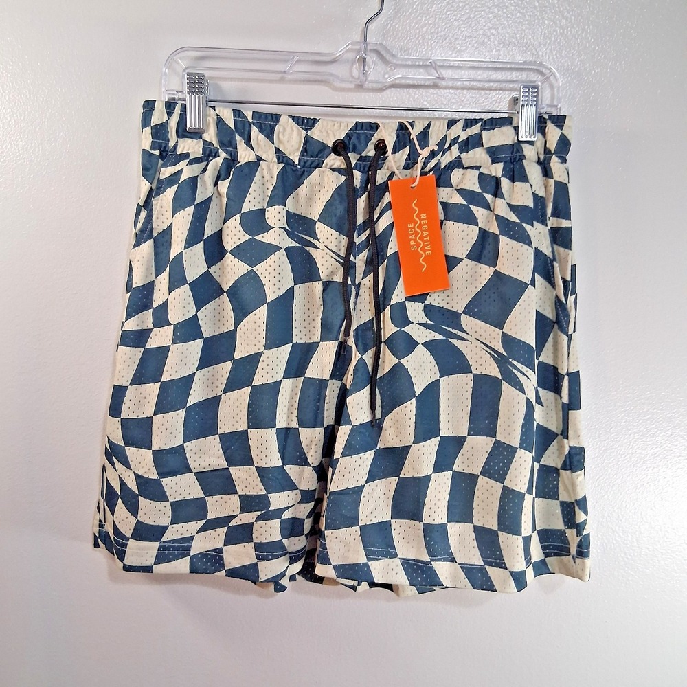 Negative Space Lined Swim‎ Trunks Mens Med Checkerboard Pockets Drawstring NWT - Picture 2 of 9